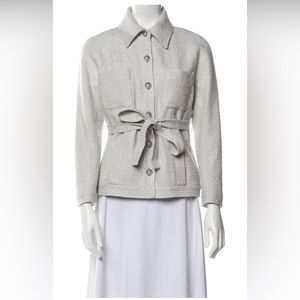 CHANEL Gray Silver Tweed Pearl Jacket